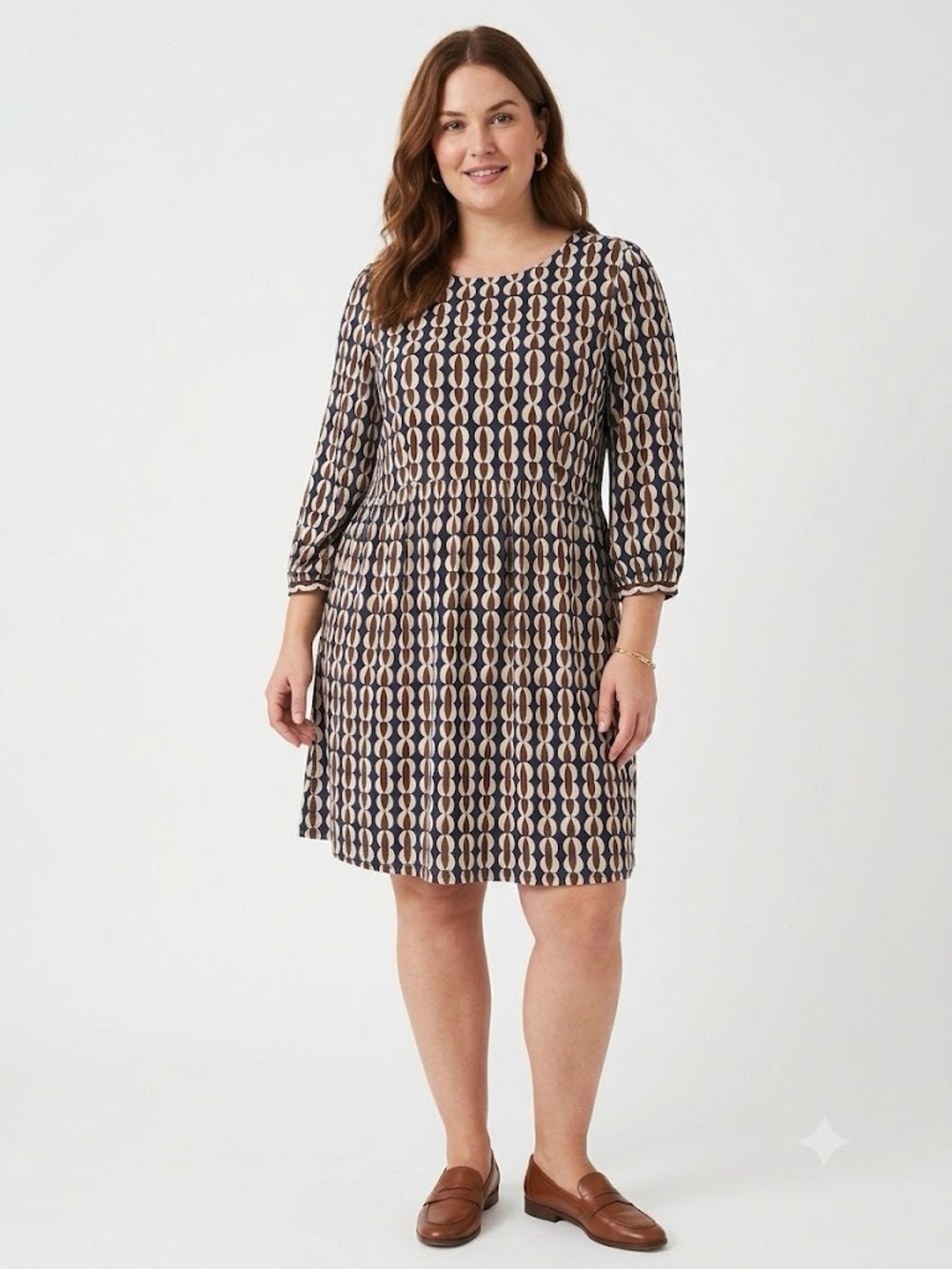 Boden Navy Brown Geometric Oval Print 3/4 Sleeve Shift Dress